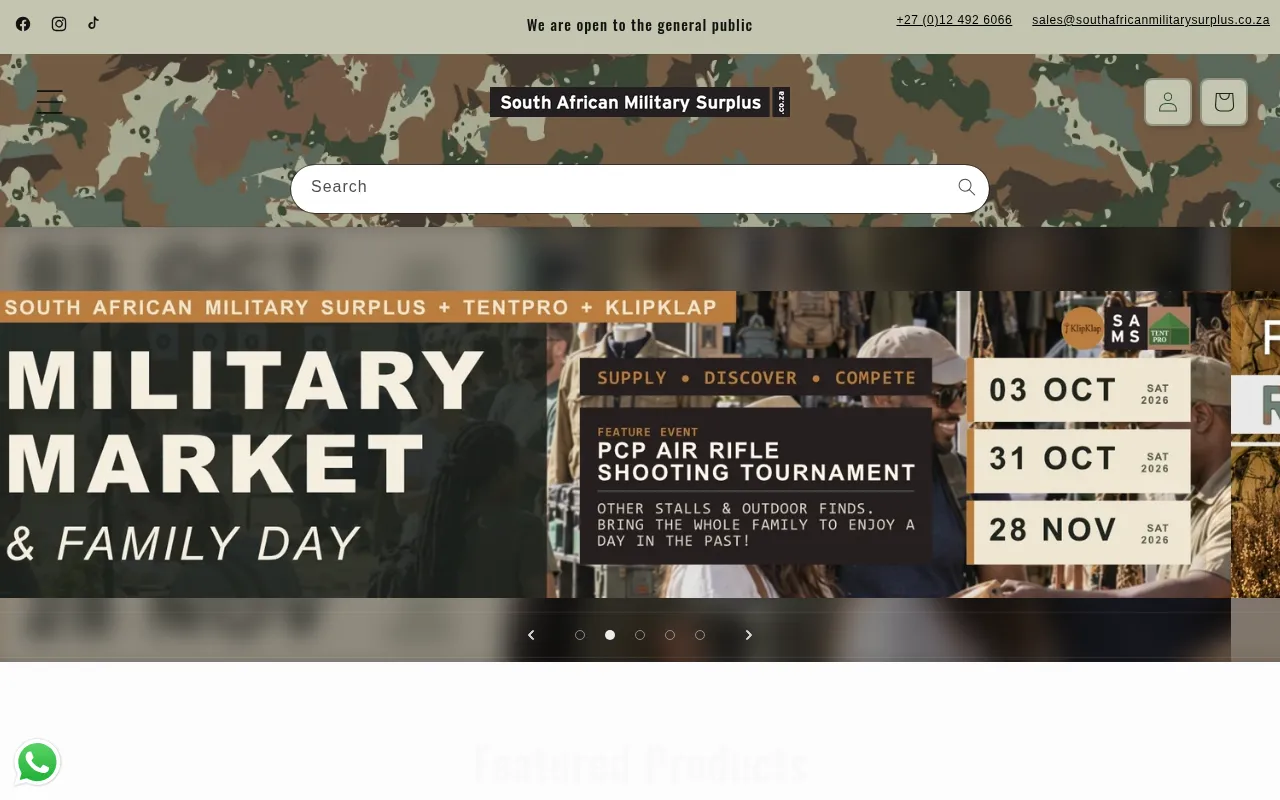 South African Military Surplus store homepage with a camouflage header