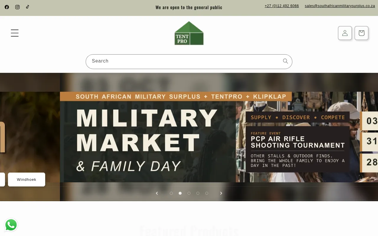 TentPro online store homepage with a product search bar and event banner